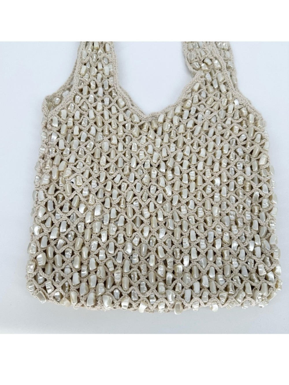 ZARA Pearl Beaded MacrameKnit woven crochet Tote Bag Hobo -Ivory cream - Picture 9 of 10